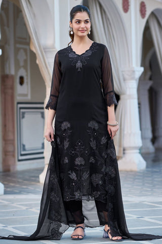 Black Georgette Embroidery Kurta Set_Kumari Sarees
