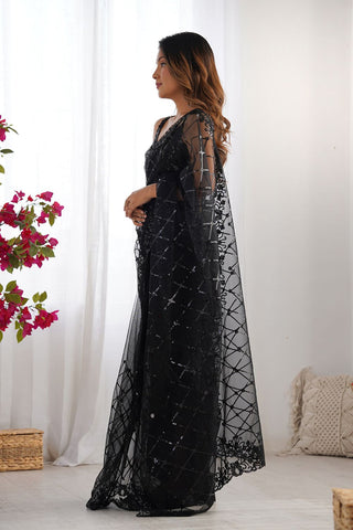 Black Soft Net With Zalar Lace Silk Saree_Kumari Sarees