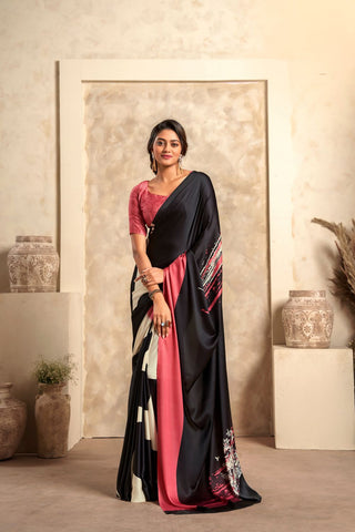 BLACK SATIN CREPE WITH DIGITAL PRINT SAREE