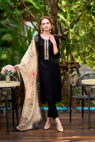Black Viscos-Rayon With Embroidered Work Kurta Set