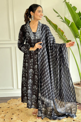 Black Pure Chanderi Cotton  Embroidery Kurta Set