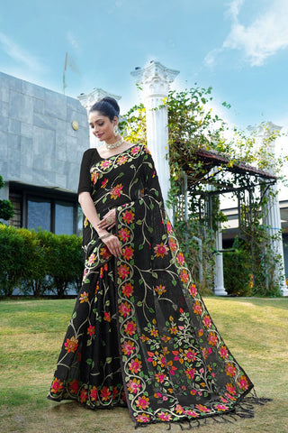 Black Soft Cotton Jamdani Floral Saree