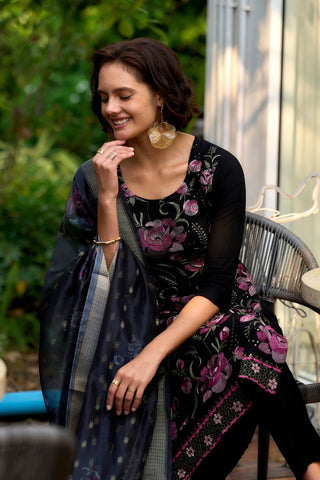 Black Rayon With Embroidered Work Kurta Set