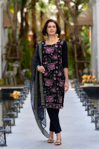 Black Rayon With Embroidered Work Kurta Set