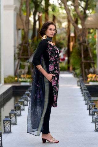 Black Rayon With Embroidered Work Kurta Set