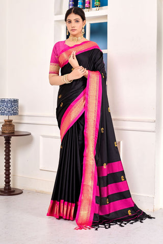 Black Royal Paithni Cotton Silk Gold Weaving Border_Kumari Sarees