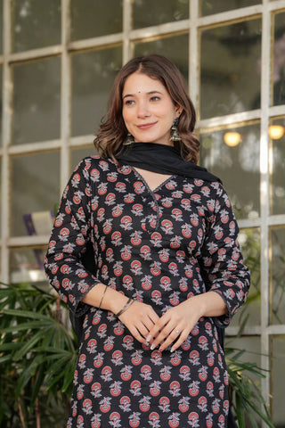 Black Pure Cotton Silk Kota Chex Embroidery Kura Set