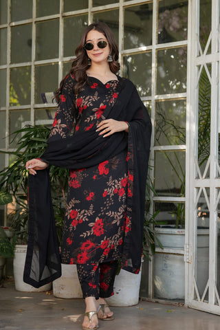 Black Silk Blend Nazmeen With Embroidery Kurta Set_Kumari Sarees