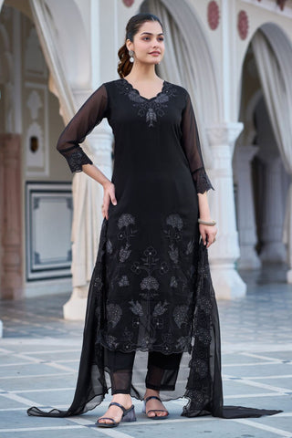 Black Georgette Embroidery Kurta Set_Kumari Sarees