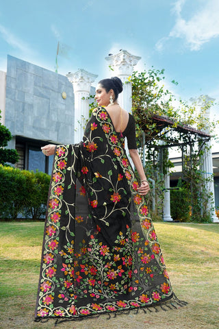 Black Soft Cotton Jamdani Floral Saree