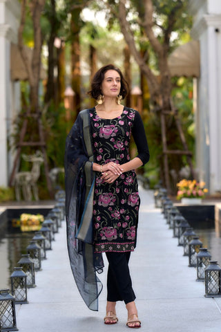 Black Rayon With Embroidered Work Kurta Set