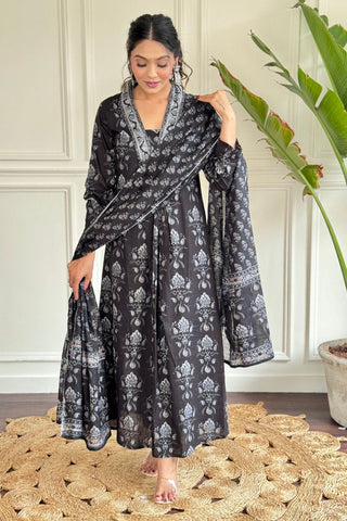 Black Pure Chanderi Cotton  Embroidery Kurta Set