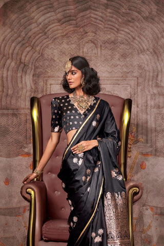 Black Pure Satin Weaving Silk Saree