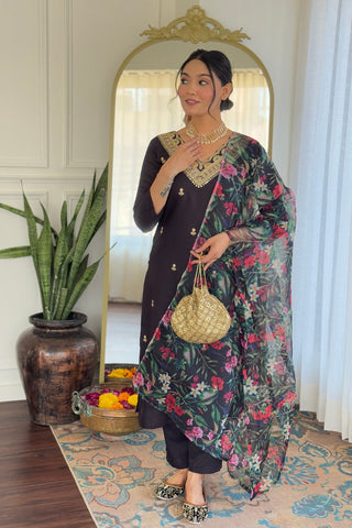 Purple Viscose Slub Embroidery Kurta Set_Kumari Sarees