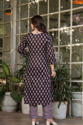 Black Pure Cotton Silk Kota Chex Embroidery Kura Set