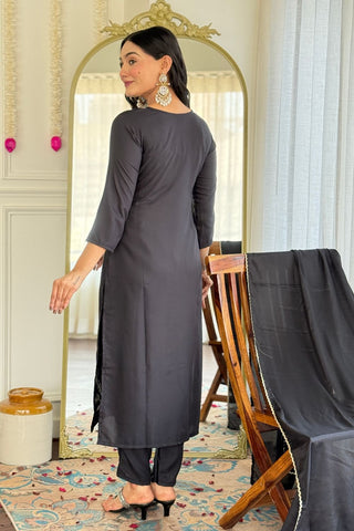 Black Viscose Reyon Chinon Embroidery Kurta Set_Kumari Sarees