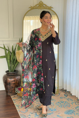 Purple Viscose Slub Embroidery Kurta Set_Kumari Sarees