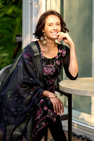 Black Rayon With Embroidered Work Kurta Set