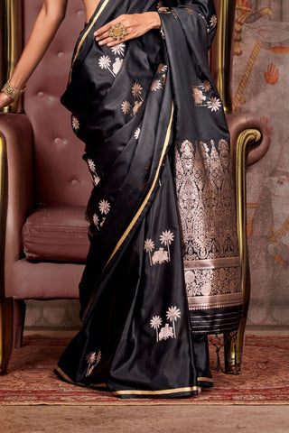 Black Pure Satin Weaving Silk Saree