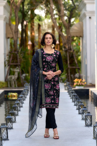 Black Rayon With Embroidered Work Kurta Set
