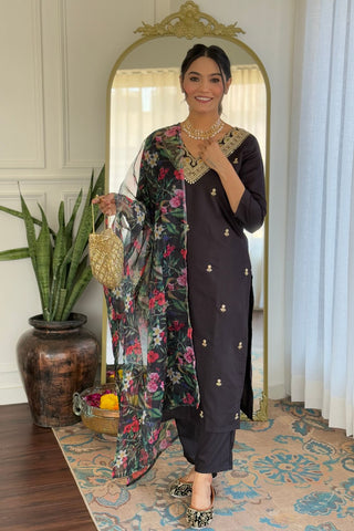 Purple Viscose Slub Embroidery Kurta Set_Kumari Sarees