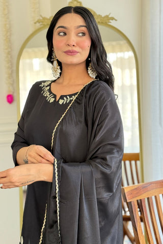 Black Viscose Reyon Chinon Embroidery Kurta Set_Kumari Sarees