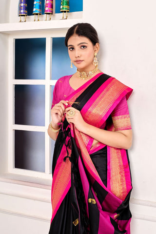 Black Royal Paithni Cotton Silk Gold Weaving Border_Kumari Sarees