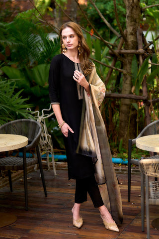 Black Viscos-Rayon With Embroidered Work Kurta Set