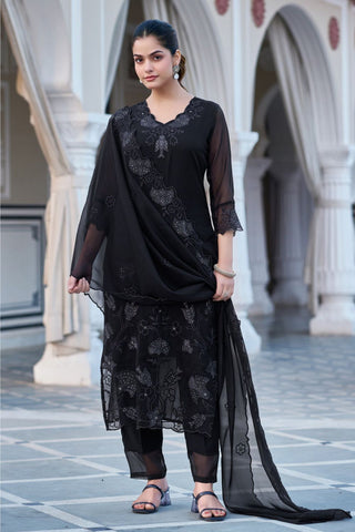 Black Georgette Embroidery Kurta Set_Kumari Sarees