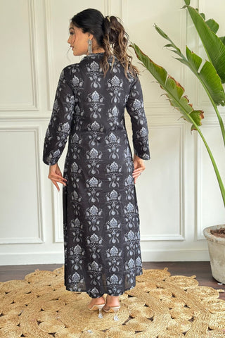 Black Pure Chanderi Cotton  Embroidery Kurta Set