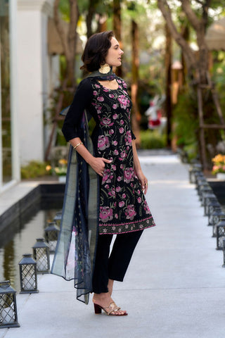 Black Rayon With Embroidered Work Kurta Set