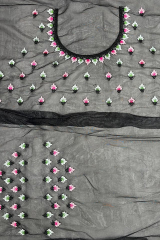Black Twill Net With Multi Embroidery Work Silk Saree