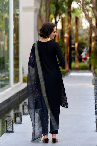 Black Rayon With Embroidered Work Kurta Set