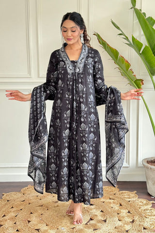 Black Pure Chanderi Cotton  Embroidery Kurta Set