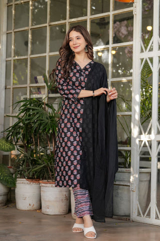 Black Pure Cotton Silk Kota Chex Embroidery Kura Set