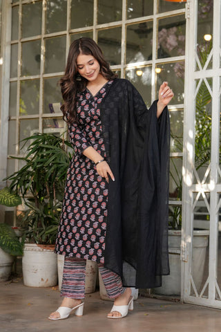 Black Pure Cotton Silk Kota Chex Embroidery Kura Set