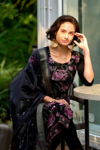Black Rayon With Embroidered Work Kurta Set