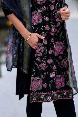 Black Rayon With Embroidered Work Kurta Set