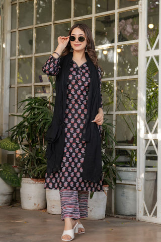 Black Pure Cotton Silk Kota Chex Embroidery Kura Set