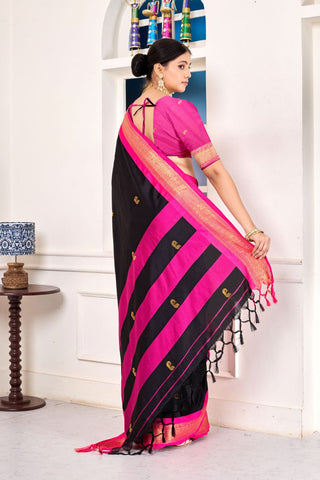 Black Royal Paithni Cotton Silk Gold Weaving Border_Kumari Sarees