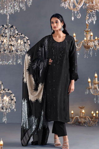 Black Pure Russian Silk Embroidery Kurta Set