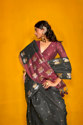 Black Tussar Handloom Weaving Silk Saree