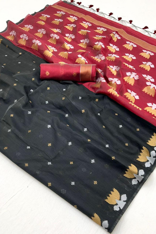 Black Tussar Handloom Weaving Silk Saree