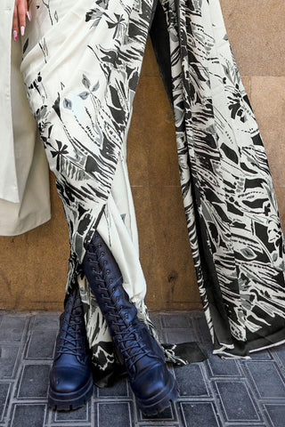 BLACK & WHITE PRINT SATIN CREPE SAREES