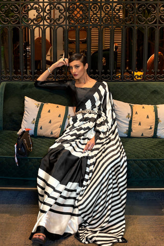 BLACK & WHITE PRINTED JAPAN SATIN CREPE SAREE