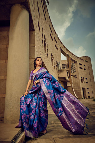 Blue Satin Brasso Handwoven Silk Saree