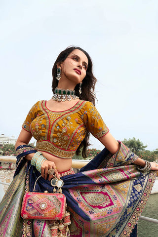 Blue and Green Banarasi Silk Wedding Lehenga with Zarkan Work