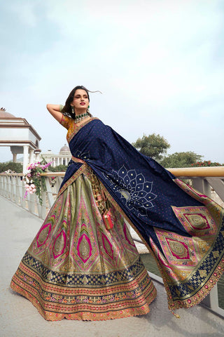 Blue and Green Banarasi Silk Wedding Lehenga with Zarkan Work