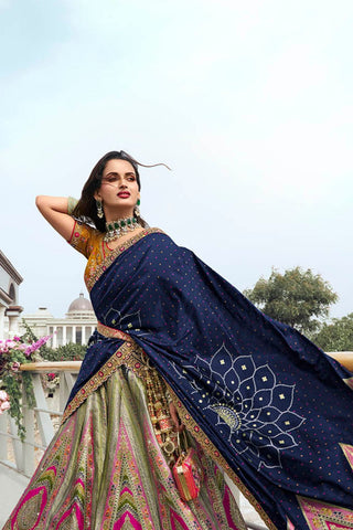 Blue and Green Banarasi Silk Wedding Lehenga with Zarkan Work