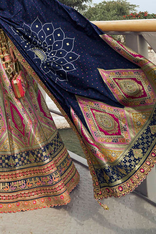 Blue and Green Banarasi Silk Wedding Lehenga with Zarkan Work